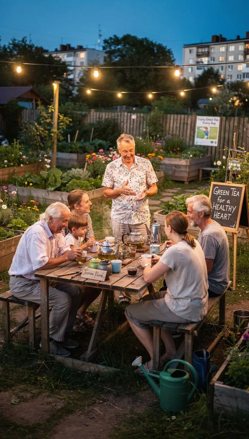 Širdies simbolis, apsuptas žaliosios arbatos lapų, atspindintis sveiką gyvenimo būdą.