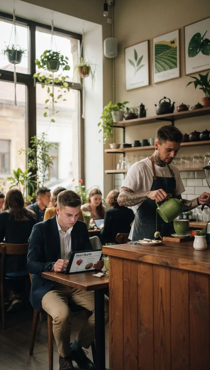 Žaliosios arbatos pakuotė su informacija apie širdies ir kraujagyslių sistemą.